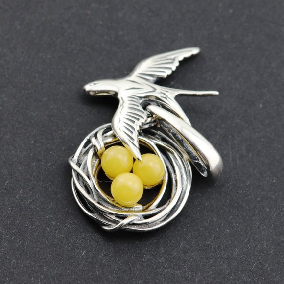 Very unique yellow amber pendant with all three parts moving, sterling silver - Picture 3 of 11